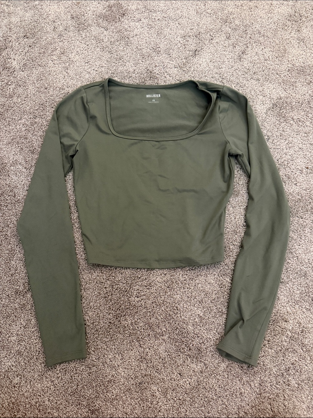 Hollister Olive Square Neck Cropped Long Sleeve Top